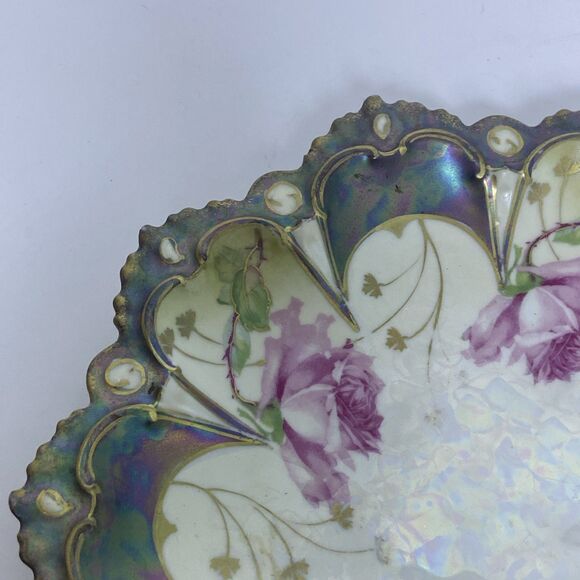Vintage Hand-Painted Floral Porcelain Plate Pink Roses Scalloped Edge Iridescent - Picture 11 of 13